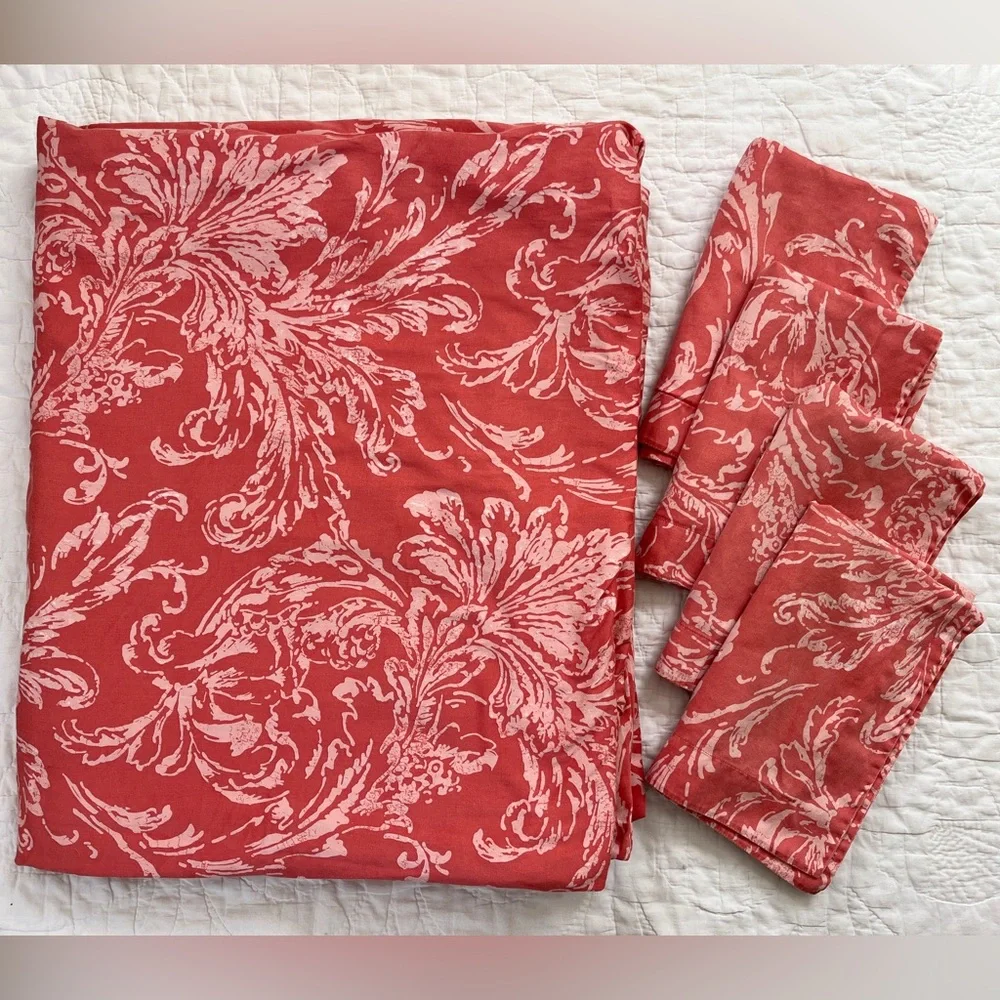 Vtg Williams Sonoma Cotton King Duvet Cover 4 Standard Sham Coral Scroll Leaf